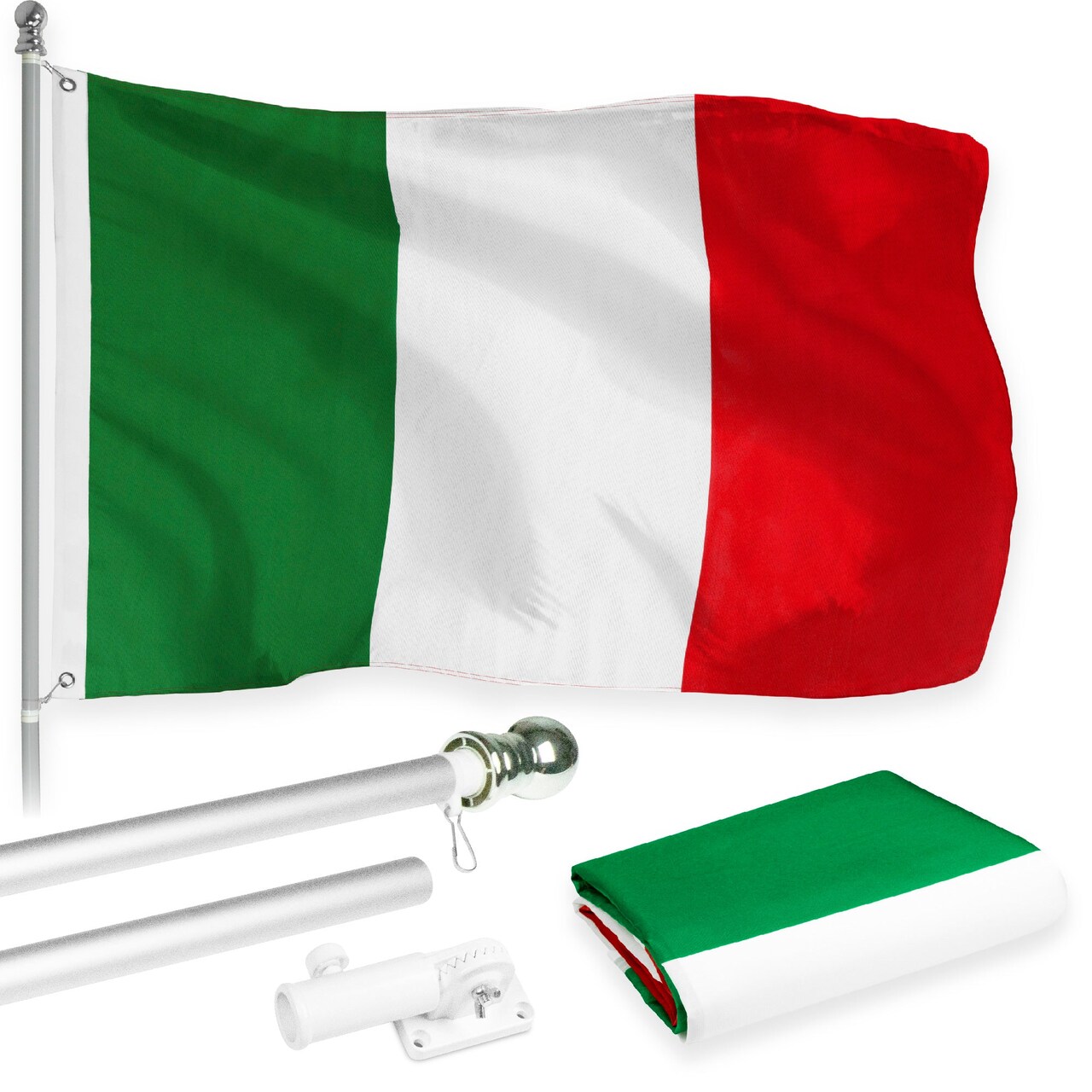 G128 Combo Pack: 6 Feet Tangle Free Spinning Flagpole (Silver) Italy Italian Flag 3x5 ft Printed 150D Brass Grommets (Flag Included) Aluminum Flag Pole